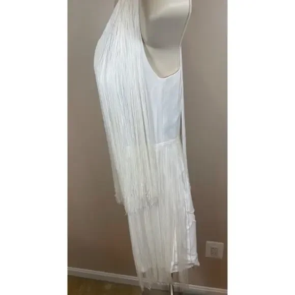 NO PISE LA GRAMA Cascada One Shoulder Fringe Satin White Mini Dress Sz 0 - Picture 8 of 11